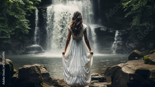 A woman in a white dress standing in front of a waterfall