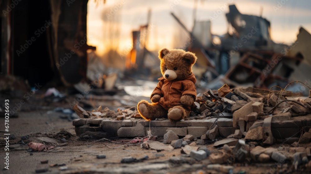 an abandoned and lost teddy bear in a war ruins - obrazy, fototapety, plakaty 