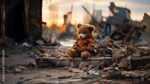 an abandoned and lost teddy bear in a war ruins photo