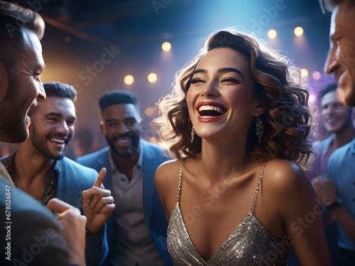 Attractive woman laughing while dancing with friends. Group of men and women dancing at new years eve party at night club. Generative AI