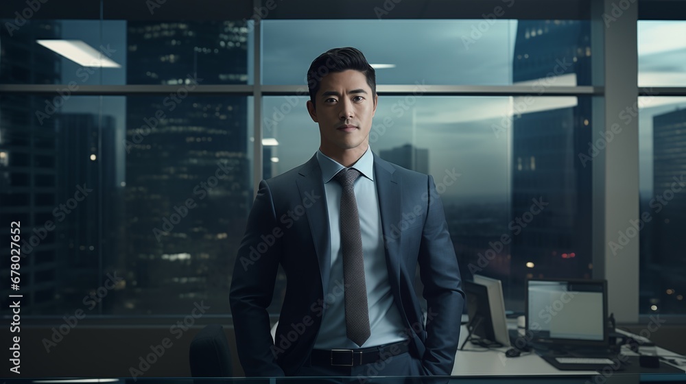 Portrait serious Asian businessman in glasses and business suit in modern office Portrait serious Asian businessman in glasses and business suit in modern office