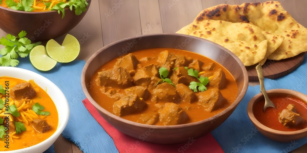 Traditional Indian goulash with naan bread and spices.