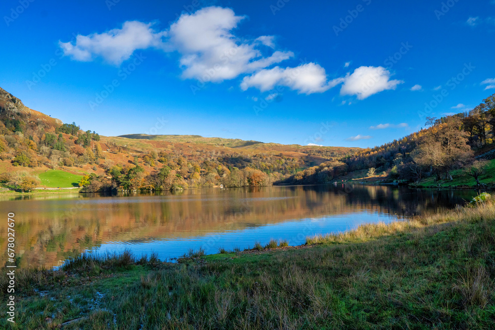 Magnificent scenery of Lake district national park with reflections on the water showing the beautiful colors of autumn. 