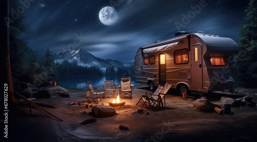 Beautiful view of motorhome outdoors at night. Summer camping.