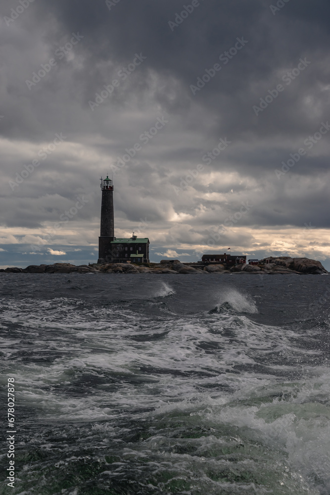 Bengtskar lighthouse on the coast during a storm in the Baltic Sea
