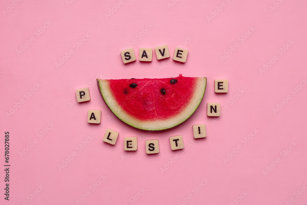 Wooden cubes with words "Save Palestine" and piece of watermelon over pink background.  - obrazy, fototapety, plakaty 