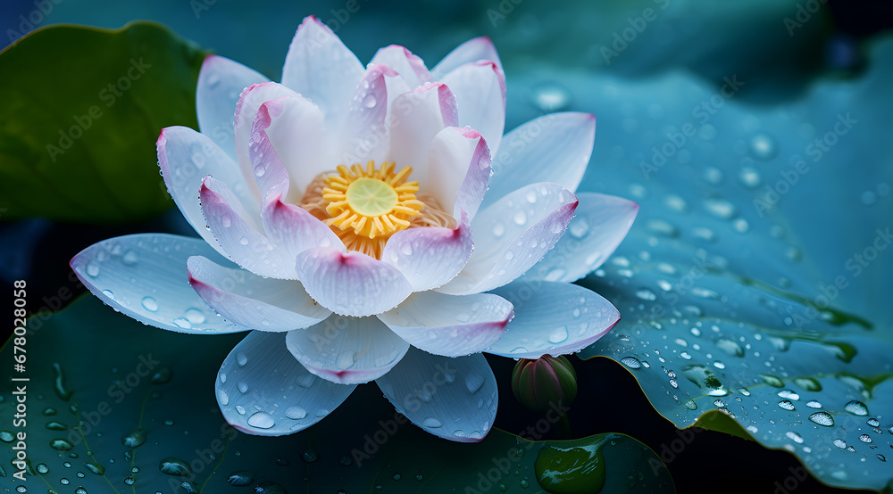White lotus in full bloom with droplets on petals, against green leaves. White lotus in full bloom with droplets on petals, against green leaves.