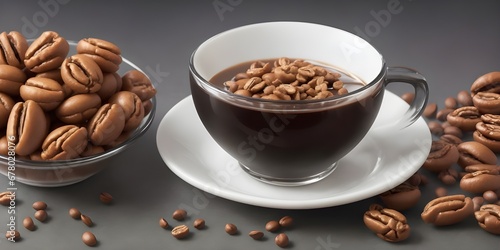 Cup of coffee with coffee beans on a gray background. 3d rendering