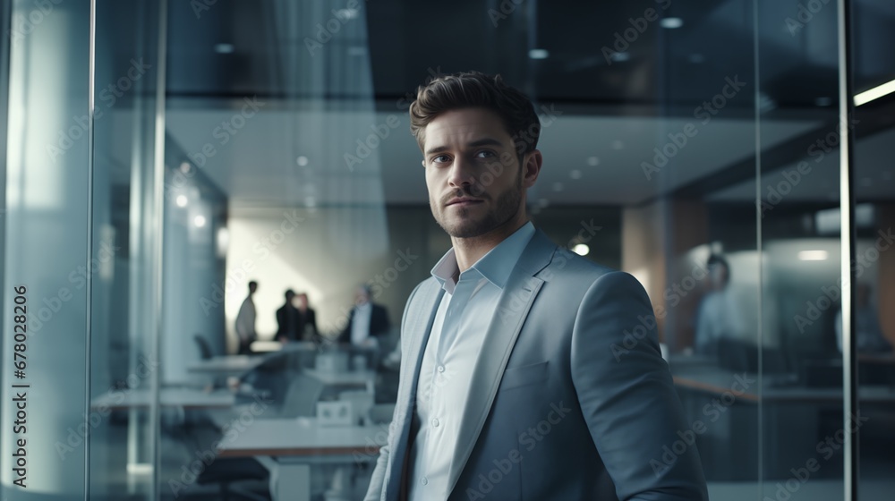 Portrait serious businessman in glasses and business suit in modern office Portrait serious businessman in glasses and business suit in modern office