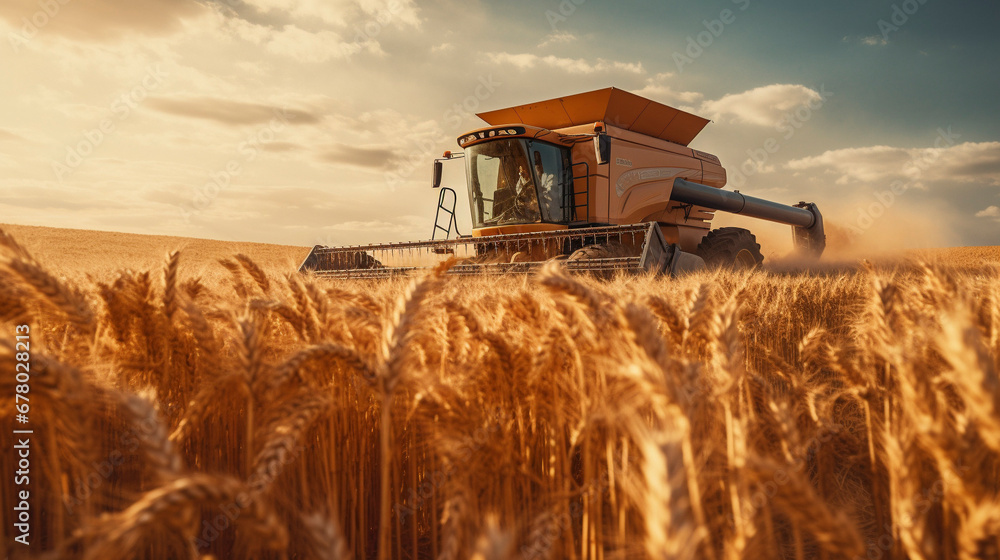 Fototapeta premium Mechanical Poetry: Wheat Fields' Ode to Harvest, Generative AI