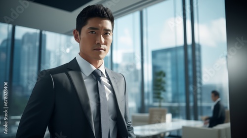 Portrait serious Asian businessman in glasses and business suit in modern office