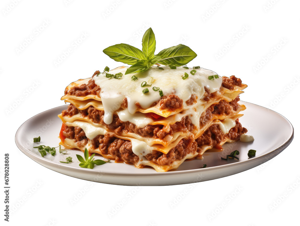 Well-layered Lasagna with Visible Cheese and Sauce Isolated on Transparent or White Background, PNG Well-layered Lasagna with Visible Cheese and Sauce Isolated on Transparent or White Background, PNG