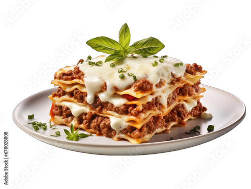 Well-layered Lasagna with Visible Cheese and Sauce Isolated on Transparent or White Background, PNG
