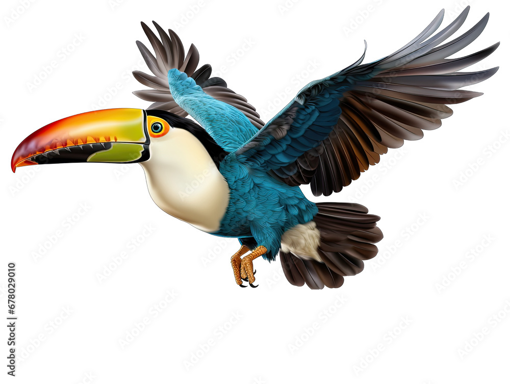 Naklejka premium Vivid Toucan in Flight: Wings Stretched Wide, Beak Forward Isolated on Transparent or White Background, PNG