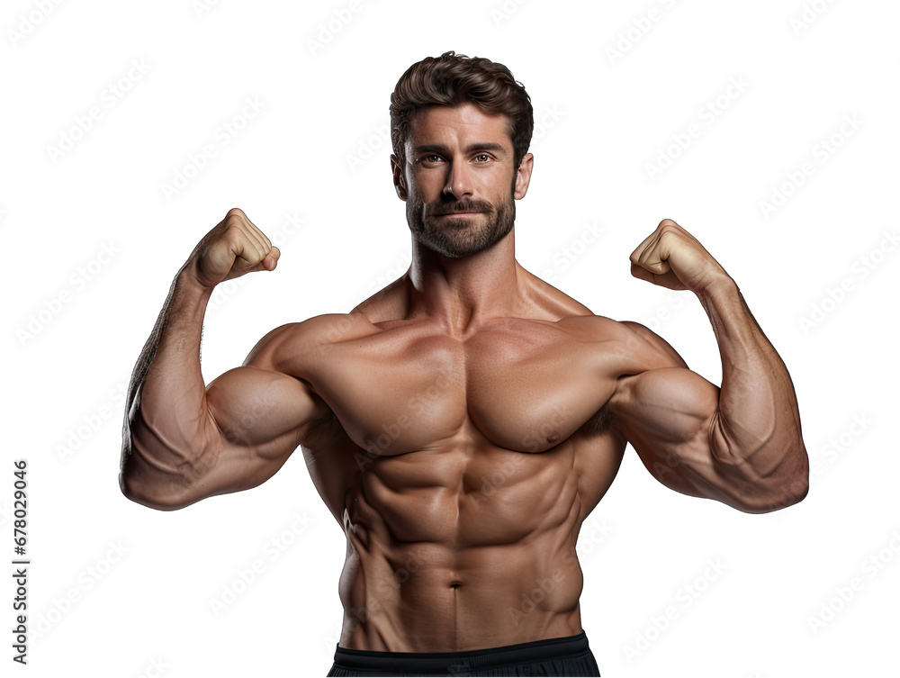 Male Athlete Flexing His Biceps: Showcasing Defined Muscle Isolated on Transparent or White Background, PNG Male Athlete Flexing His Biceps: Showcasing Defined Muscle Isolated on Transparent or White Background, PNG