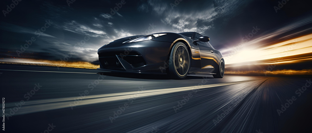 a low angle aggressive shot of a black sports car headlights on wide angle motion blur on road in foreground atmosphere moonlight implied speed 