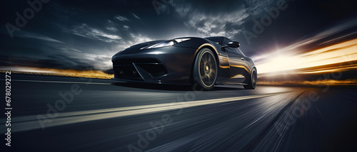 a low angle aggressive shot of a black sports car headlights on wide angle motion blur on road in foreground atmosphere moonlight implied speed 