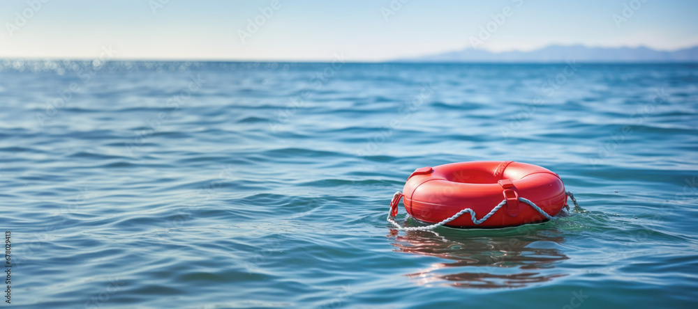 A red lifebuoy with an attached rope symbolizes safety and emergency assistance in water-related accidents.