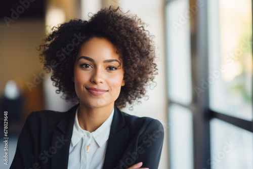 Confident African American businesswoman smiling in office 