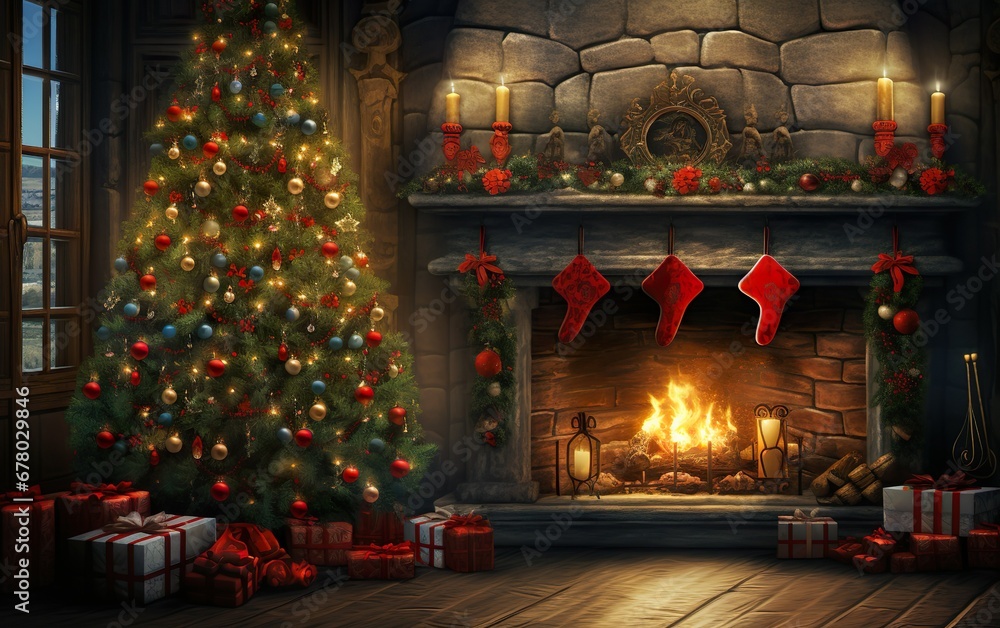 Obraz premium Christmas tree on fireplace background