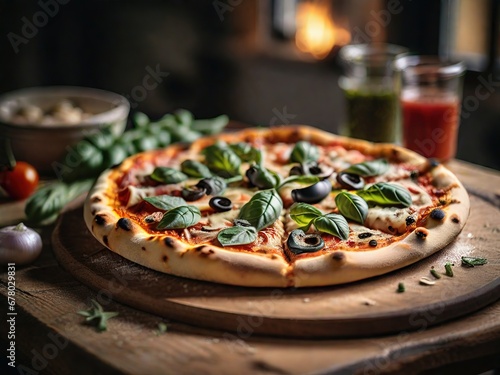 Pizza vegetariana recién salida del horno sobre mesa rústica