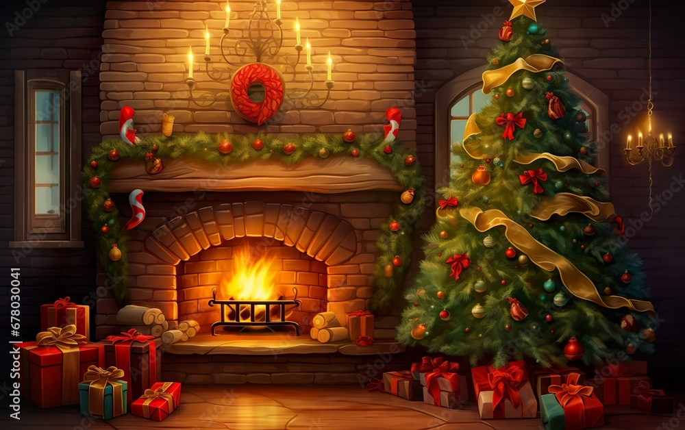 Christmas tree on fireplace background
