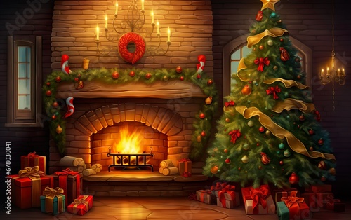Christmas tree on fireplace background