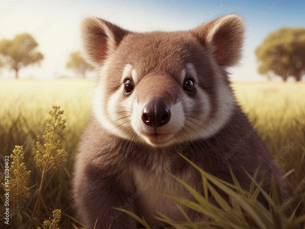 Fototapeta premium Cute Photo of a wallaby standing in the grass at sunset, Generative Ai