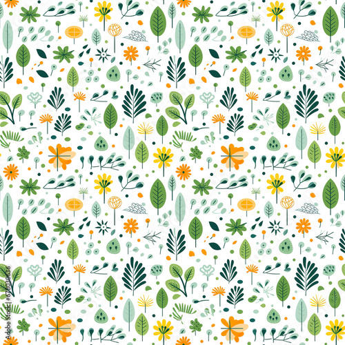 Seamless pattern illustration of leaves, pollen, stem. 