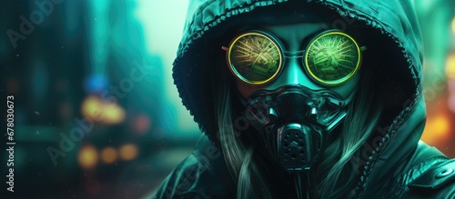 Cyberpunk inspired girl wearing a leather hoodie jacket gas mask and protective glasses Colorful 3D render of glowing green wires on a city backdrop with a skull featuring a cross in its eyes C