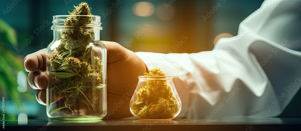 Doctor holding cannabis products in a science lab Medical marijuana Copy space image Place for adding text or design - obrazy, fototapety, plakaty 