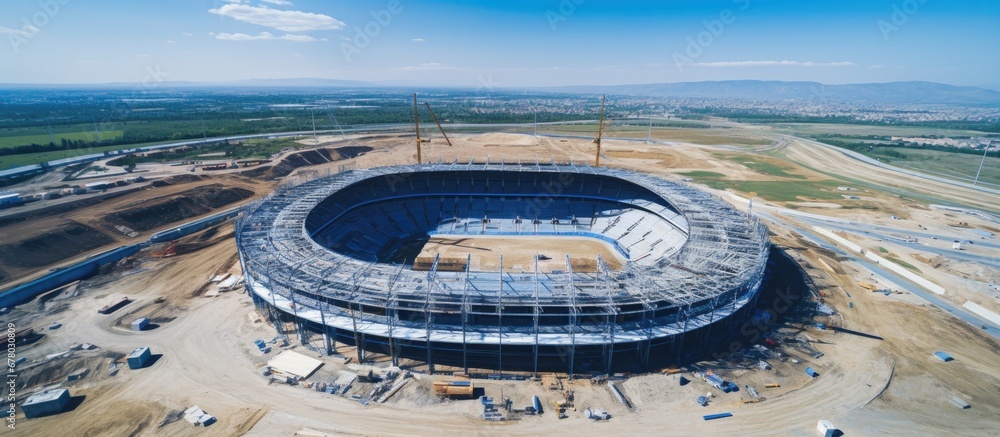 Obraz na płótnie Constructing new football stadium with aerial view of building site Copy space image Place for adding text or design w salonie