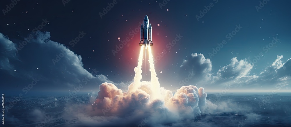 Creative startup exploring concept with 3D rendering launching rocket in dark starry sky Copy space image Place for adding text or design - obrazy, fototapety, plakaty 