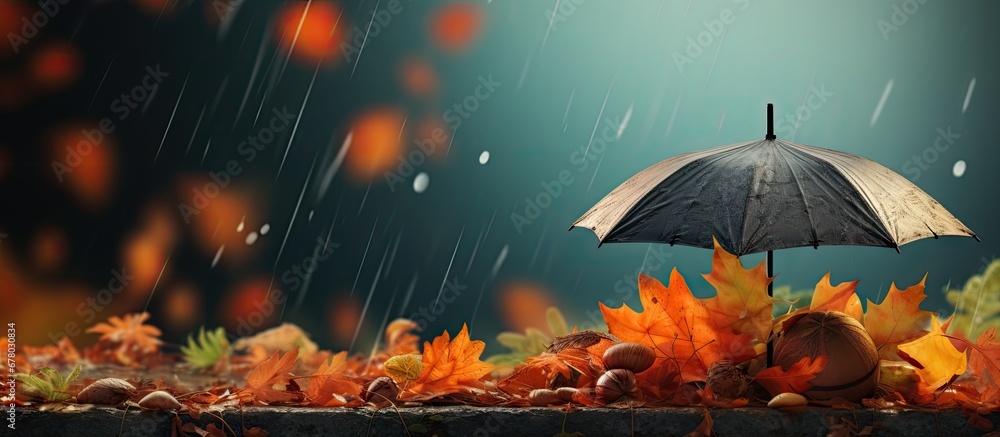Fall pastime mikado with rain and foliage idea of a rainy day Copy space image Place for adding text or design