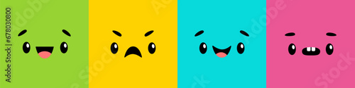 Cute kawaii colorful face icon set line. Monster head. Emoticons. Eyes, mouth, tongue, brows. Cartoon funny baby character. Sad, happy, smiling emotion emoji template. Flat design. Baby background.