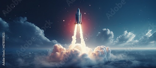 Creative startup exploring concept with 3D rendering launching rocket in dark starry sky Copy space image Place for adding text or design