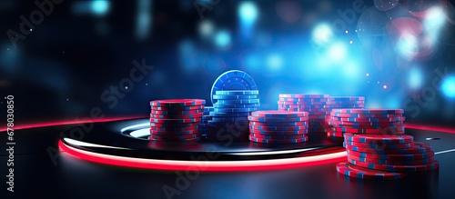 Floating blue podium with neon ring 3D dice and realistic casino chips in a dark scene Copy space image Place for adding text or design