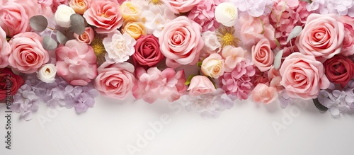 Colorful fresh rose bouquet creating a wedding flower backdrop Copy space image Place for adding text or design © Ilgun
