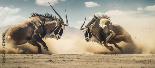 Fierce battle of male Gemsbok on dusty Etosha plains Copy space image Place for adding text or design