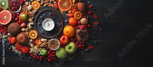 Digestion intestines nutrition timing timing diet fasting Crohn s disease inflammatory bowel disease fruit vegan clock and food Copy space image Place for adding text or design