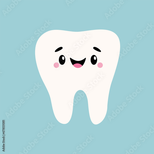 White tooth icon. Healthy teeth. Cute cartoon kawaii smiling funny face baby character. Eyes, cheeks, brows. Oral dental hygiene. Children teeth care. Flat design. Blue background.