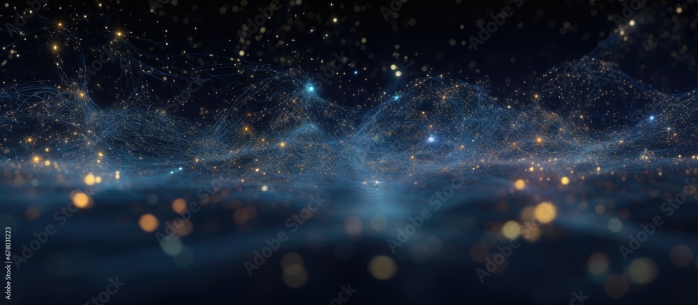 Digital rendering of abstract space background with dynamic particles representing big data visualization and data networks in a scientific astronomical theme Copy space image Place for adding - obrazy, fototapety, plakaty 