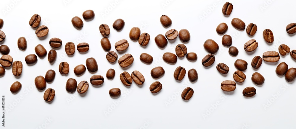 Coffee beans flying on a white backdrop Copy space image Place for adding text or design Coffee beans flying on a white backdrop Copy space image Place for adding text or design