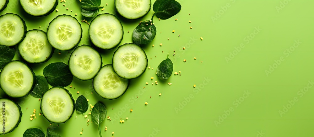 Cucumber arranged creatively on a green surface Flat lay Food idea Copy space image Place for adding text or design Cucumber arranged creatively on a green surface Flat lay Food idea Copy space image Place for adding text or design