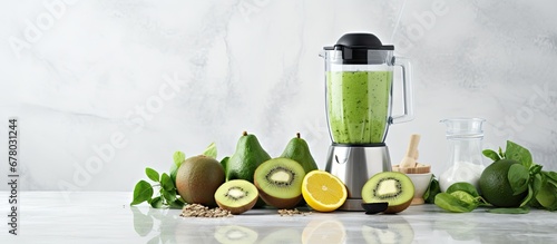 Fresh smoothie and blender with ingredients on marble table in kitchen Copy space image Place for adding text or design