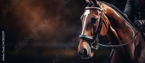 Dressage sport Training a horse with a rider in the arena Copy space image Place for adding text or design photo