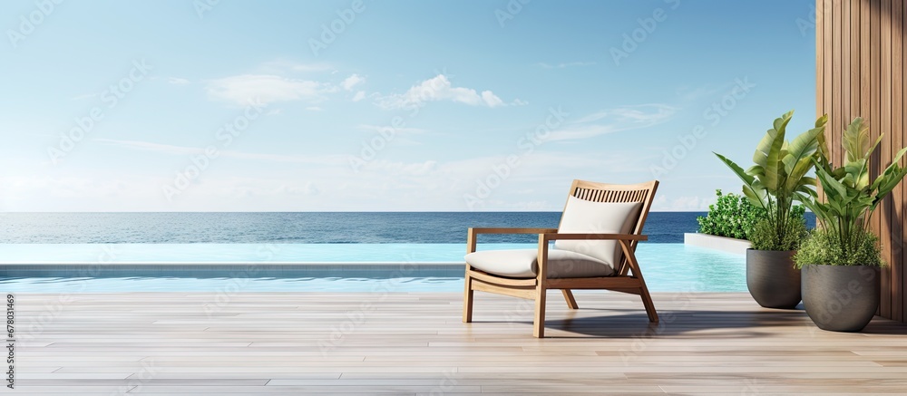 Fototapeta premium Deck with sea view in modern beach house or luxury villa Copy space image Place for adding text or design