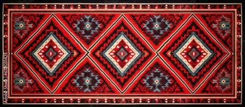 Detailed retro red rug with vintage Arabian traditional motifs Copy space image Place for adding text or design