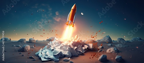 Entrepreneurial idea Rocket launching with paper trail Copy space image Place for adding text or design photo