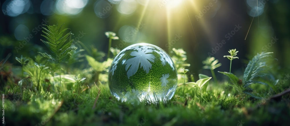 Fototapeta premium Conservation concepts for saving the Earth s environment on grass with ferns and sunlight Copy space image Place for adding text or design